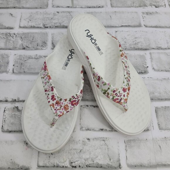 Ryka Rest EZ Re Zorb Lite Recovery Sandals White Floral Flip Flop Size 7 - Picture 1 of 4